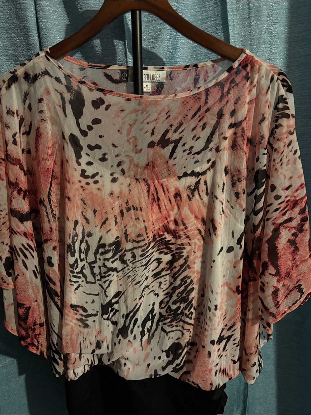 Jennifer Lopez Blush and Black Animal-Print Sheer Blouse